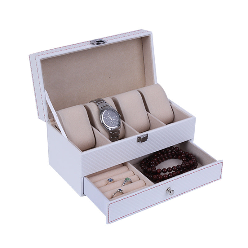 4 Slot White Dual Tier Carbon Fiber PU Watch + Jewellery Box