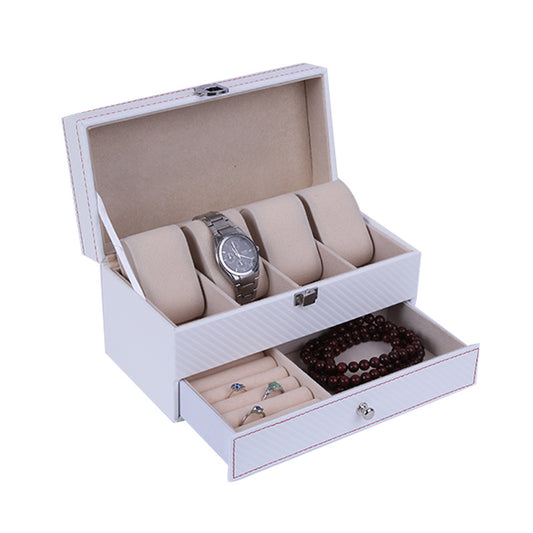 4 Slot White Dual Tier Carbon Fiber PU Watch + Jewellery Box